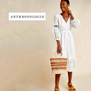 ANTHROPOLOGIE Ebba White Eyelet Midi Peasant Dress with Button Front
